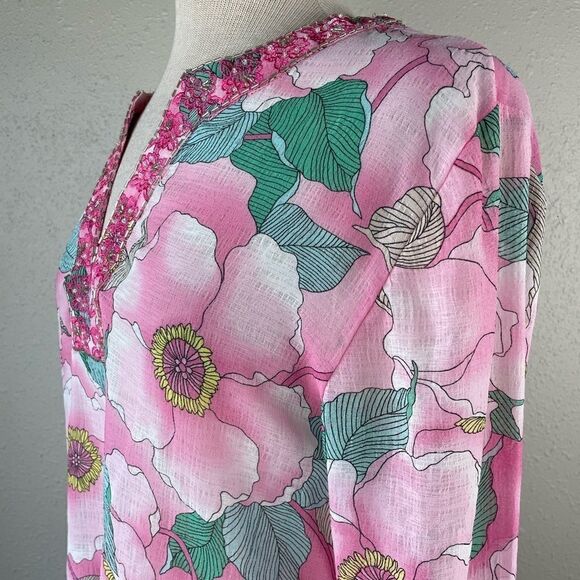 NWT Josephine Chaus Hot Pink Floral Sheer Blouse Size 10 - Picture 5 of 11
